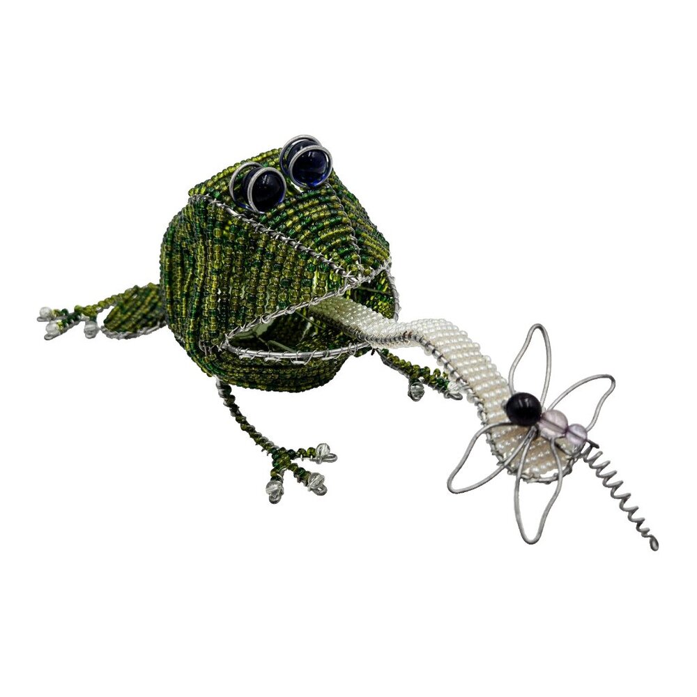 Beaded Frog With Dragonfly Figurine Wire Bead Art Freestanding Toad Bug Read